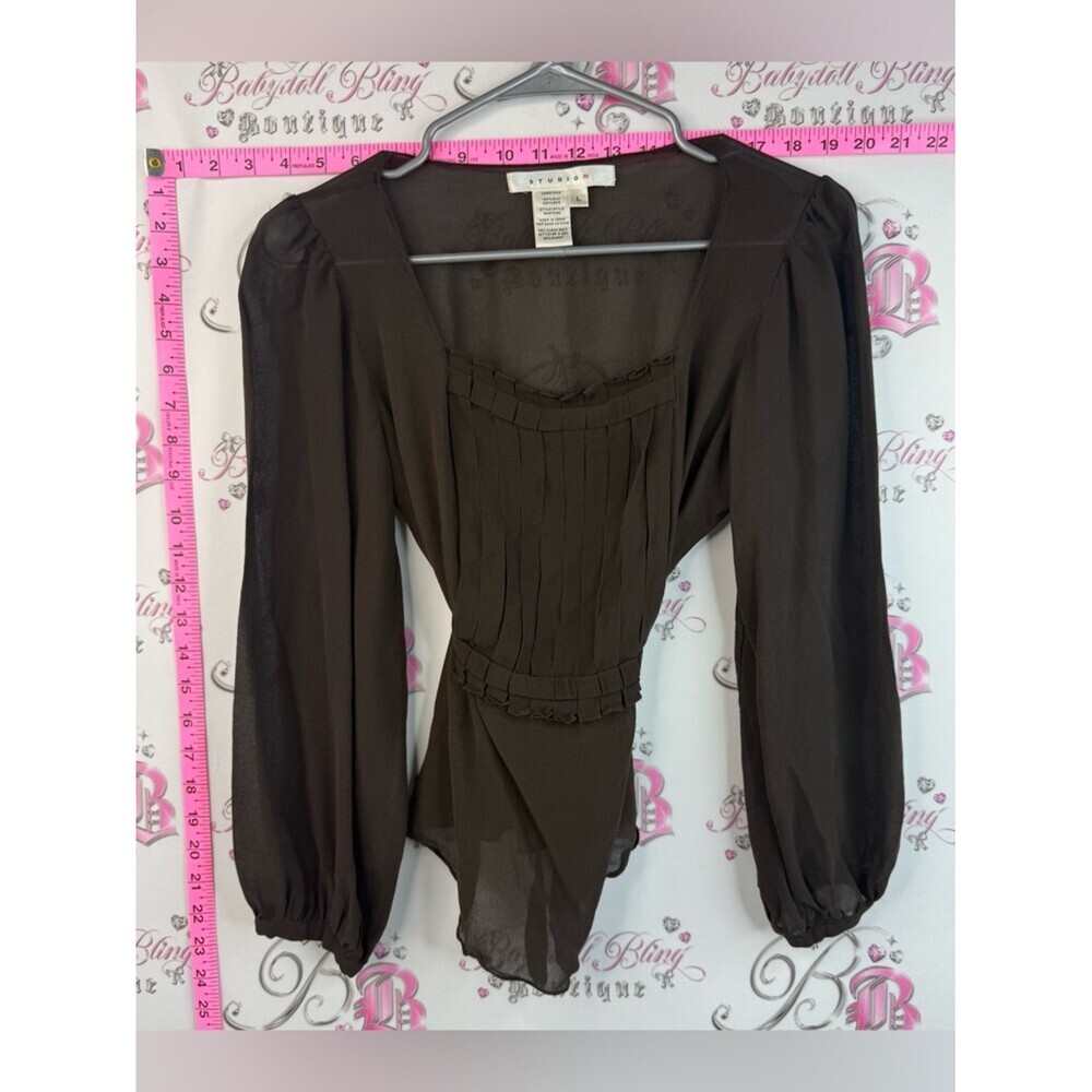 Studio M 100% silk blouse tie up waist Brown Sheer Pleated Long-Sleeve Blouse